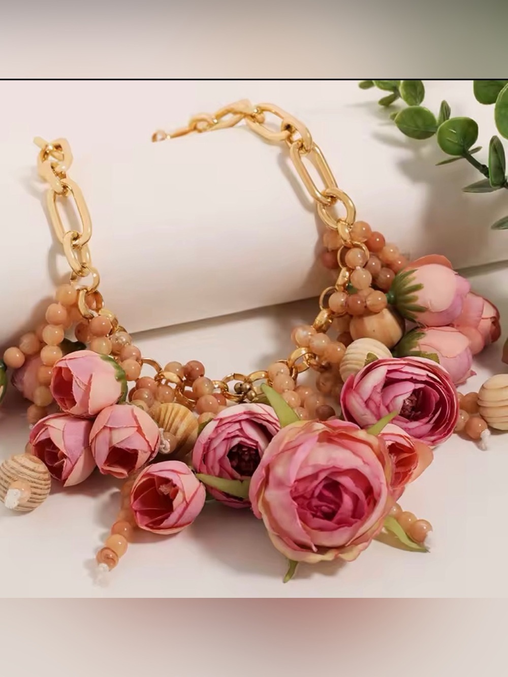 Blush Rose Statement Necklace โ Floral Gold Chain Necklace - Picture 4 of 4